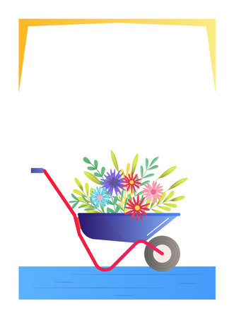 Floral card invitation design, vector illustration. Spring gardening background, greeting poster with flower. Poster with cartoon frameのイラスト素材