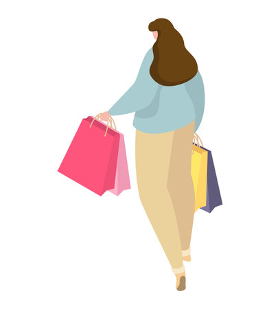 Woman walking with shopping bags, casual clothes, consumerism concept. Happy female shopper enjoying retail therapy. Vector illustrationのイラスト素材