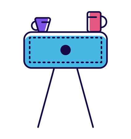 Colorful coffee cups on blue table vector illustration. Quirky and minimalistic design concept, modern art.のイラスト素材