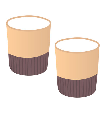 Two empty paper coffee cups with brown holders. Disposable hot drink containers. Beverage and coffee shop accessories vector illustration.のイラスト素材