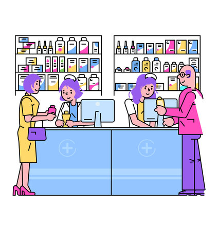 Customer at pharmacy counter talking to pharmacist. Medicine and healthcare service scene in drugstore. Professional consultation and prescription vector illustration.のイラスト素材