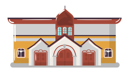 Flat design colorful church building with steeple and large windows. Cartoon style Christian chapel exterior vector illustration.のイラスト素材