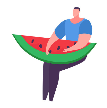 Man holding giant watermelon slice. Cartoon male enjoys a big piece of fruit. Summer eating concept and refreshing snack vector illustration.のイラスト素材