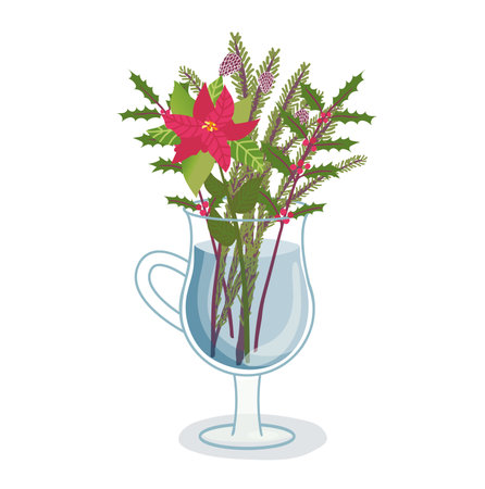 Red poinsettia and holly leaves with berries in a glass vase. Festive Christmas floral arrangement vector illustration. Holiday decorations and winter plants.のイラスト素材