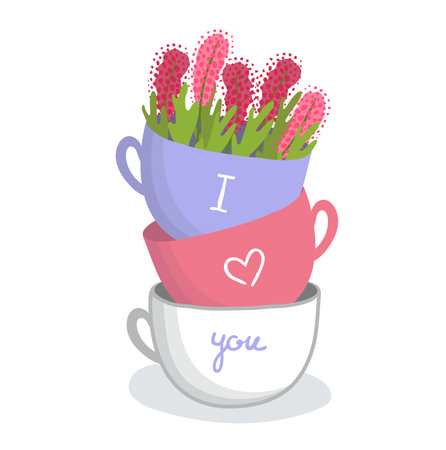 Stack of three colorful teacups with the phrase I love you, flowers in the top cup. Romance, affectionate message, tea lover gift vector illustration.のイラスト素材