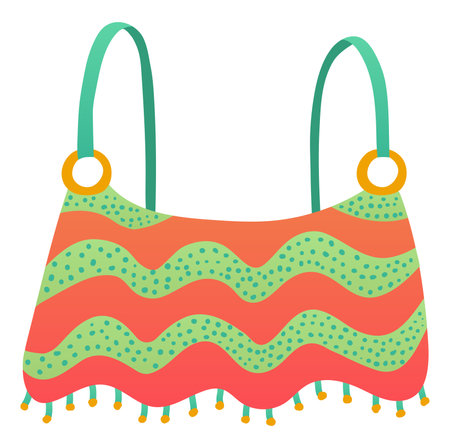 Colorful beach bag with wavy stripes and dots design. Summer accessory with tassels and ring handles.のイラスト素材