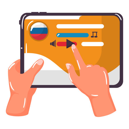 Hands interacting with mobile tablet screen interface. User adjusting audio settings on a digital device. Touchscreen technology and multimedia control vector illustration.のイラスト素材