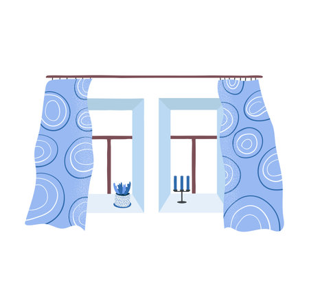 Blue patterned curtains hanging on windows in a light room, a vase, and candlesticks on the windowsills. Cozy home interior and window decoration vector illustration.のイラスト素材