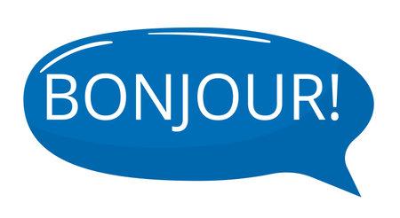 Blue speech bubble with white text saying BONJOUR  French greeting and conversation concept. Welcoming sign and international dialogue vector illustration.のイラスト素材