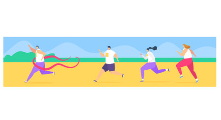 Four diverse people running in a race, athletes competing in an event, dynamic movement. Outdoor sporting competition, endurance challenge vector illustration.のイラスト素材