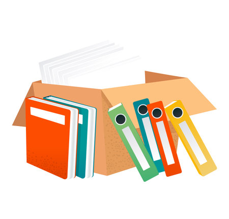 Cardboard box with colorful folders spilling out. Office moving concept or archiving paperwork vector illustration.のイラスト素材