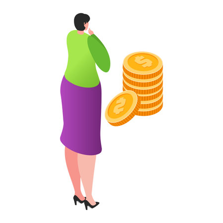 Woman in green top and purple skirt looking at stack of coins. Financial planning and savings concept vector illustration.のイラスト素材