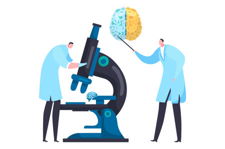 Scientists examining brain with microscope. One researcher analyzing brain model, other adjusting the microscope. Concept of neuroscience research vector illustration.のイラスト素材