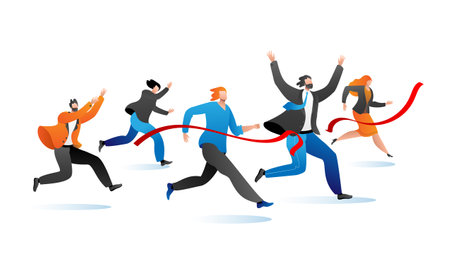 Group of business people racing to finish line, excitement and competition at work. Office employees in a race, achieving goals vector illustration.のイラスト素材