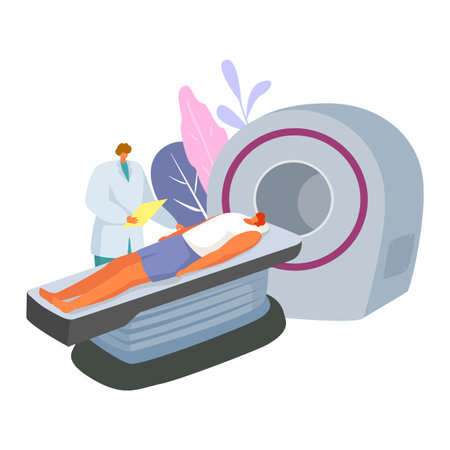 Patient undergoing MRI scan with doctor monitoring. Medical examination with magnetic resonance imaging technology. Modern healthcare and diagnostics vector illustration.のイラスト素材