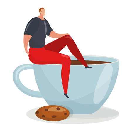 Cartoon man sitting on edge of giant coffee cup with a cookie beside it. Casual style, relaxing coffee break concept. Modern lifestyle and leisure vector illustration.のイラスト素材