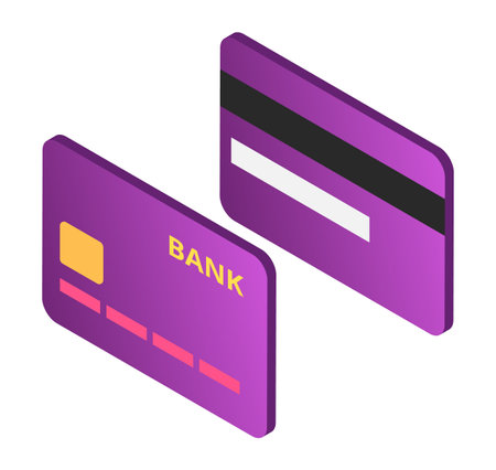 Two purple credit or debit cards with chip and magnetic stripe. Floating isometric bank cards design. Digital payment methods vector illustration.のイラスト素材