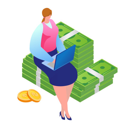 Woman with laptop sitting on stack of money. Female entrepreneur working on computer with earnings. Wealth and online income concept vector illustration.のイラスト素材