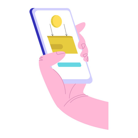 Hand holding smartphone showing arrow going up on chart, financial growth. Mobile analytics, investment success vector illustration.のイラスト素材