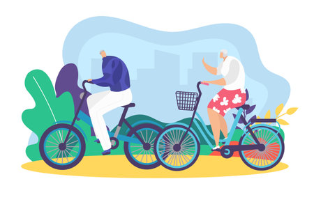 Elderly couple bicycling together in the park. Senior man and woman enjoying bike ride outdoors. Active seniors and healthy aging lifestyle vector illustration.のイラスト素材