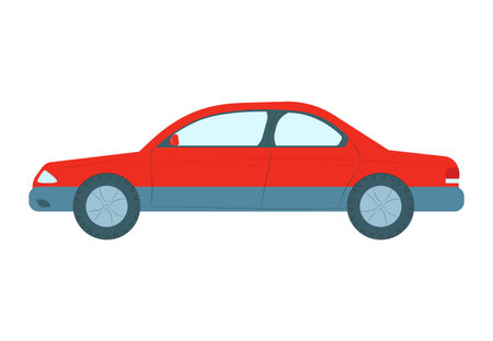 Red sedan car side view on white background. Modern vehicle design and urban transport concept. Automobile industry vector illustration.のイラスト素材