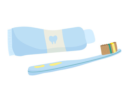 Toothpaste tube and toothbrush with bristles vector illustration. Dental care, hygiene products, morning routine concept.のイラスト素材
