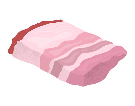 Raw pork bacon slice with meat and fat layers. Food and cooking ingredient, fresh meat cut vector illustration.のイラスト素材