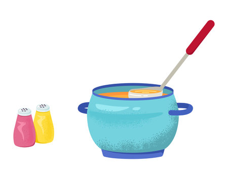Blue cooking pot with soup and spoon, salt and pepper shakers. Kitchen utensils and cooking concept vector illustration.のイラスト素材