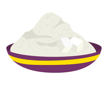 Bowl of sugar with cubes and granulated. Sweet white sugar ready to sweeten food. Cooking and baking essentials vector illustration.のイラスト素材