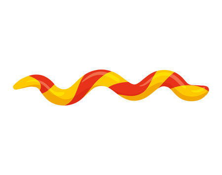 Colorful twisted ribbon in red and yellow hues. Abstract wavy stripe design element vector illustration.のイラスト素材
