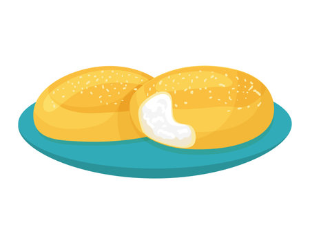 Freshly baked bagels with sesame seeds and cream cheese on a blue plate. Breakfast bread with topping vector illustration.のイラスト素材
