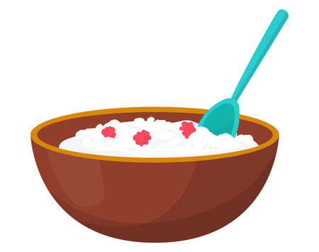 Bowl of rice with red garnish and a blue spoon. Simple cartoon style rice dish with decorations. Healthy eating and meal concept vector illustration.のイラスト素材