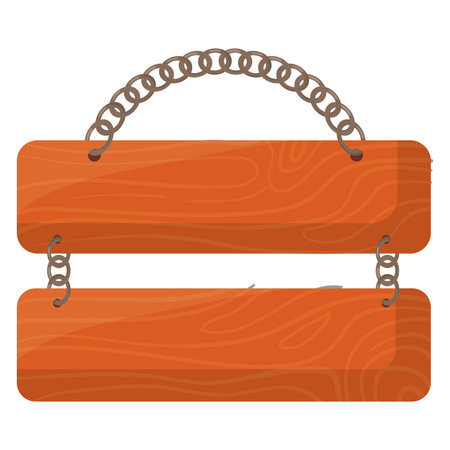 Wooden signboard with metal chain hanging. Blank double sign post for message. Directional wood signs vector illustration.のイラスト素材