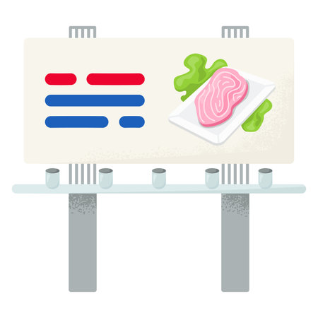 Billboard advertisement with ham and lettuce on plate. Menu board with food image and colorful text blocks vector illustration.のイラスト素材