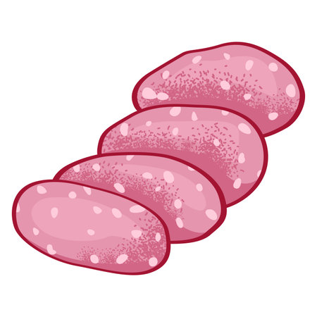 Cartoon style sliced salami pieces. Pink salami with fat spots, food illustration. Delicatessen sliced meat, vector illustration.のイラスト素材