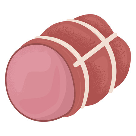 Cartoon meat joint with a pink center, brown crust, and white strings. Butcher shop product and food illustration. Protein source and culinary vector illustration.のイラスト素材