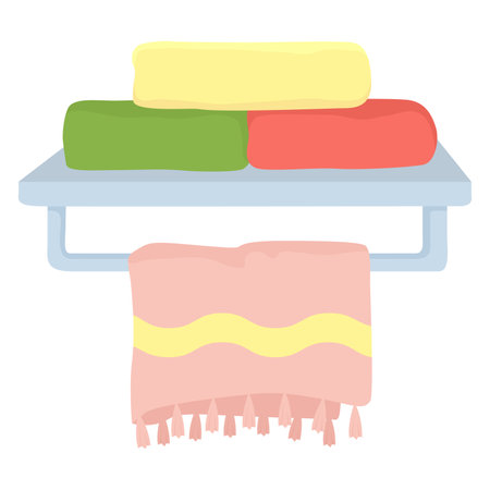 Stack of colorful towels on a metal shelf, pink towel with fringe hanging below. Home organization, bathroom accessories vector illustration.のイラスト素材
