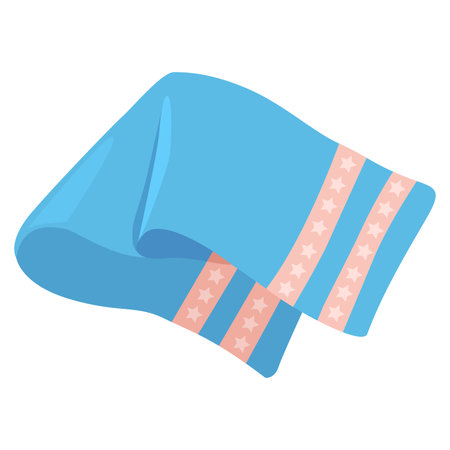 Blue towel with pink stripes and stars. Fresh clean bath accessory with decorative pattern. Home comfort and bathroom item vector illustration.のイラスト素材