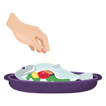 Hand seasoning fish with vegetables in a dish. Cooking dinner, adding spices to seafood, garnishing food. Preparation of meal with ingredients vector illustration.のイラスト素材