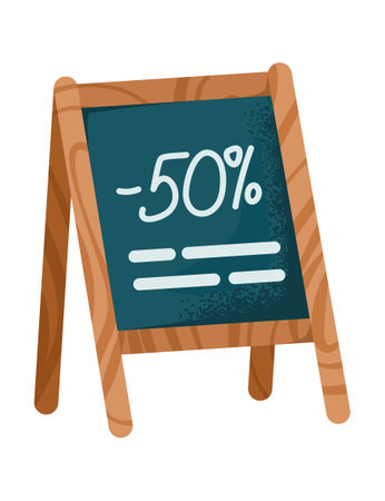 Chalkboard sign with 50 off discount offer. Wooden frame sidewalk signage with sale advertisement vector illustration.のイラスト素材