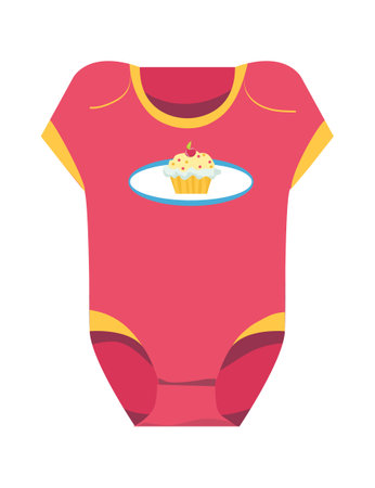Red baby bodysuit with yellow trim and cupcake design. Cute infant clothing item vector illustration.のイラスト素材