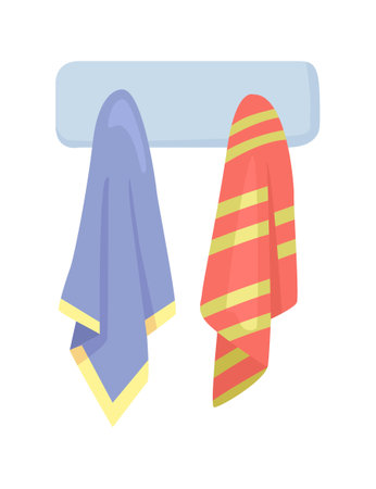Two towels hanging on a rack, one blue with yellow trim, one red with yellow stripes. Bathroom decor and hygiene vector illustration.のイラスト素材
