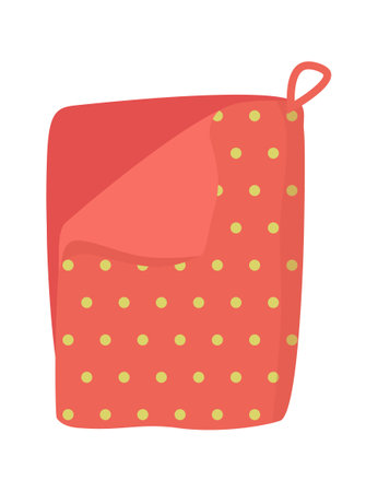 Red kitchen towel with yellow polka dots and hanging loop. Domestic accessory, textile design vector illustration.のイラスト素材