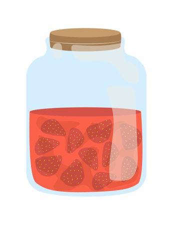 Strawberries in a glass jar with red jam or compote. Preserved fruits, homemade preserves illustration. Food storage, jam making vector illustration.のイラスト素材