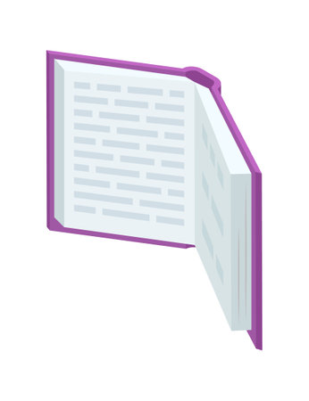 Open book with purple cover and pages fanned out. Detailed illustration of a standing book with pages. Education and reading concept vector illustration.のイラスト素材