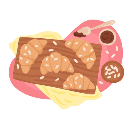 Croissants on wooden board with cups of coffee, breakfast scene. Fresh baked pastries and hot drinks, top view vector illustration.のイラスト素材