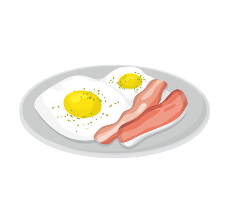 Two fried eggs with yolk and strips of bacon on a plate. Breakfast food vector illustration. Healthy morning meal with eggs and bacon.のイラスト素材