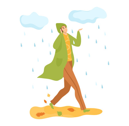 Woman walking in rain with green raincoat, hand out to catch raindrops, joyful expression. Enjoying autumn rain, positive vibes in rainy weather vector illustration.のイラスト素材