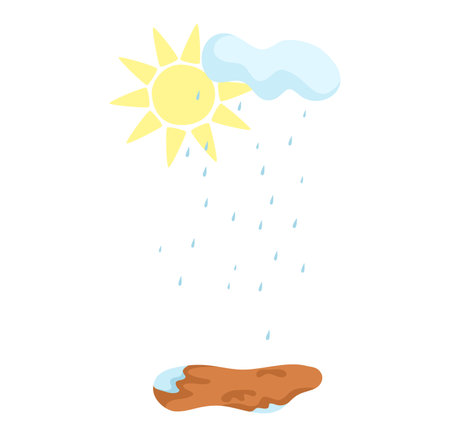 Sun with cloud and rain over a puddle, showing weather concept. Sunshower phenomenon with bright sun and raindrops vector illustration.のイラスト素材
