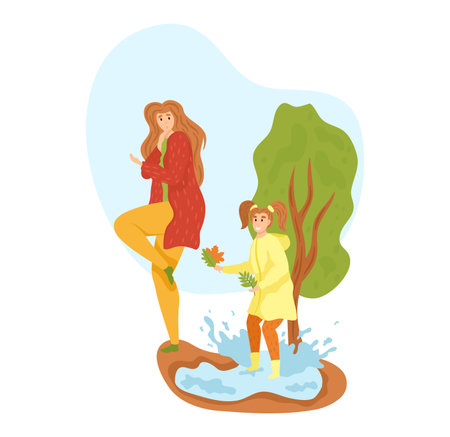 Young woman and girl splashing in puddle, wearing raincoats. Child and adult enjoying rainy weather outdoors, playful mood. Mother and daughter in Autumn season vector illustration.のイラスト素材